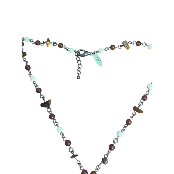 Vintage NY & Co Tigers Eye Pendant Necklace Beads Antique Gold Faux Pearls Adj - Picture 4 of 5